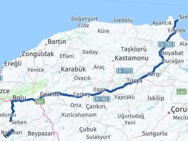 Sinop Seben Bolu Arası Kaç Km - Yol Haritası