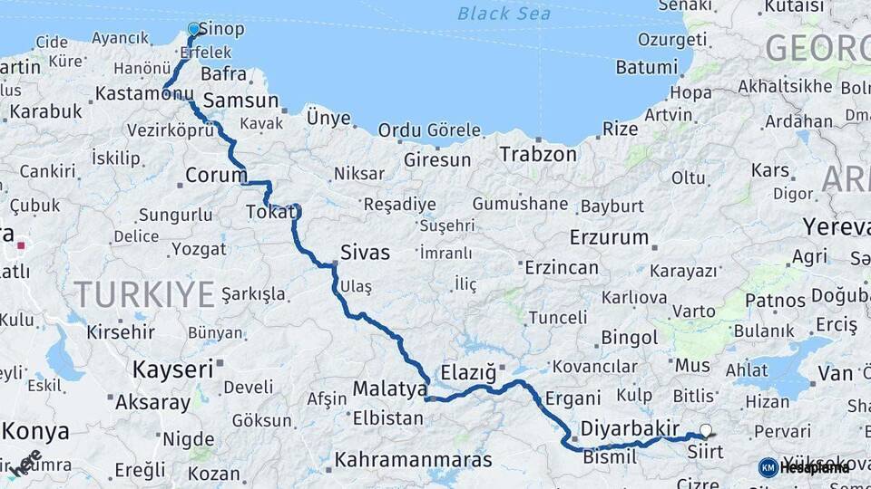 Sinop Siirt Arası Kaç Km - Yol Haritası