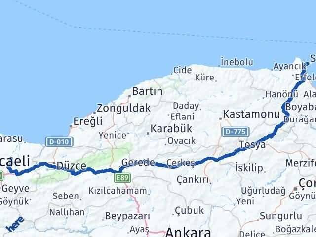 Sinop Söğütlü Sakarya Arası Kaç Km - Yol Haritası