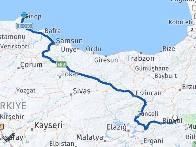 Sinop Solhan Bingöl Arası Kaç Km - Yol Haritası