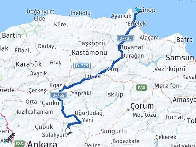 Sinop Sulakyurt Kırıkkale Arası Kaç Km - Yol Haritası