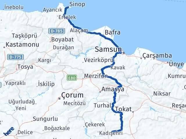 Sinop Sulusaray Tokat Arası Kaç Km - Yol Haritası
