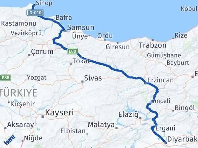 Sinop Sur Diyarbakır Arası Kaç Km - Yol Haritası