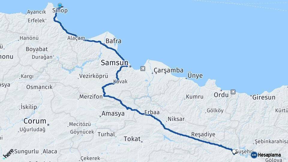 Sinop Suşehri Sivas Arası Kaç Km - Yol Haritası