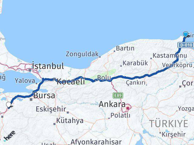 Sinop Susurluk Balıkesir Arası Kaç Km - Yol Haritası