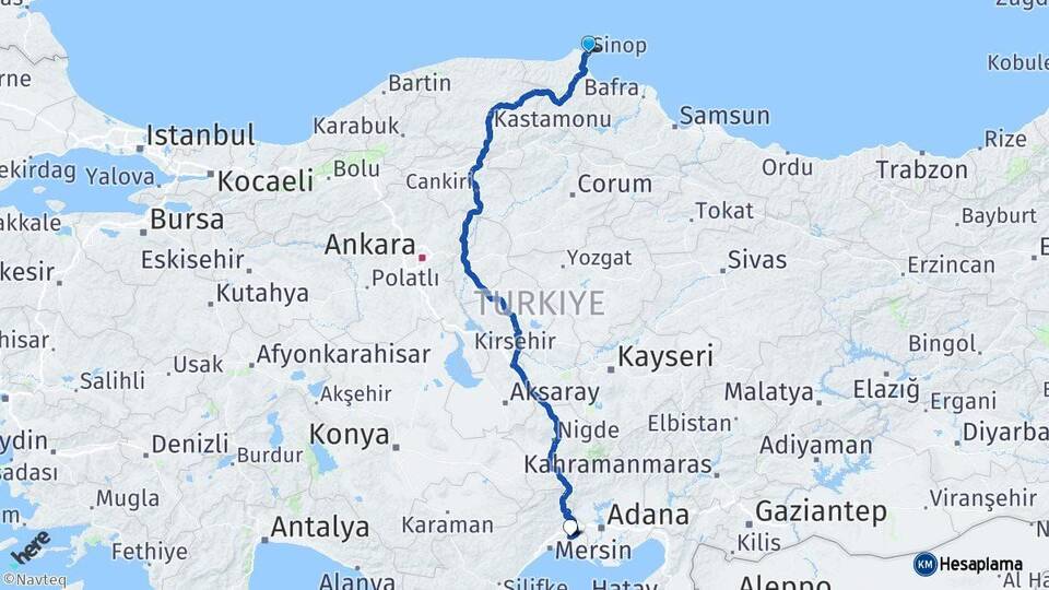 Sinop Tarsus Mersin Arası Kaç Km - Yol Haritası