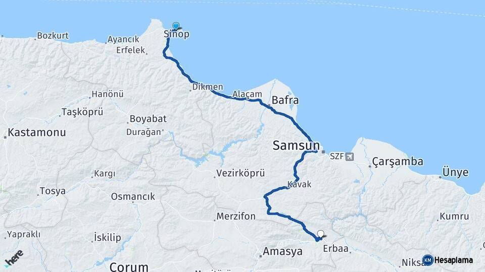 Sinop Taşova Amasya Arası Kaç Km - Yol Haritası