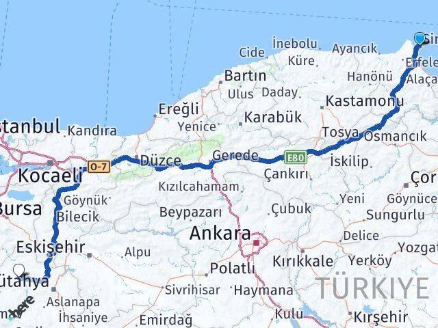 Sinop Tavşanlı Kütahya Arası Kaç Km - Yol Haritası