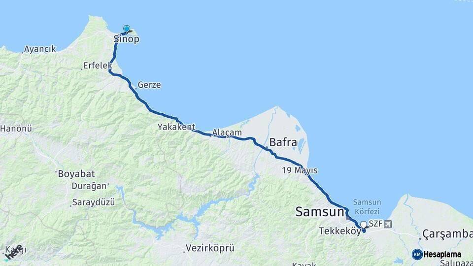 Sinop Tekkeköy Samsun Arası Kaç Km - Yol Haritası