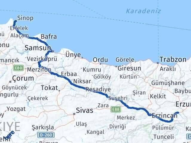 Sinop Tercan Erzincan Arası Kaç Km - Yol Haritası