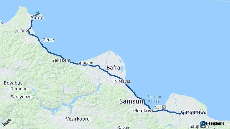 Sinop Terme Samsun Arası Kaç Km - Yol Haritası