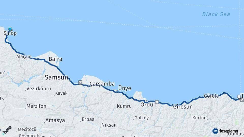 Sinop Trabzon Arası Kaç Km - Yol Haritası