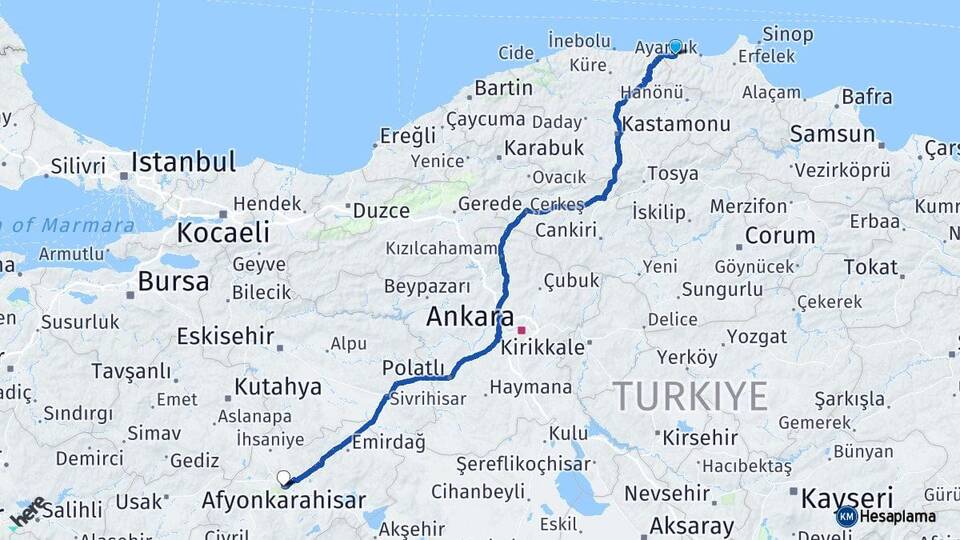 Sinop Türkeli Afyonkarahisar Arası Kaç Km - Yol Haritası