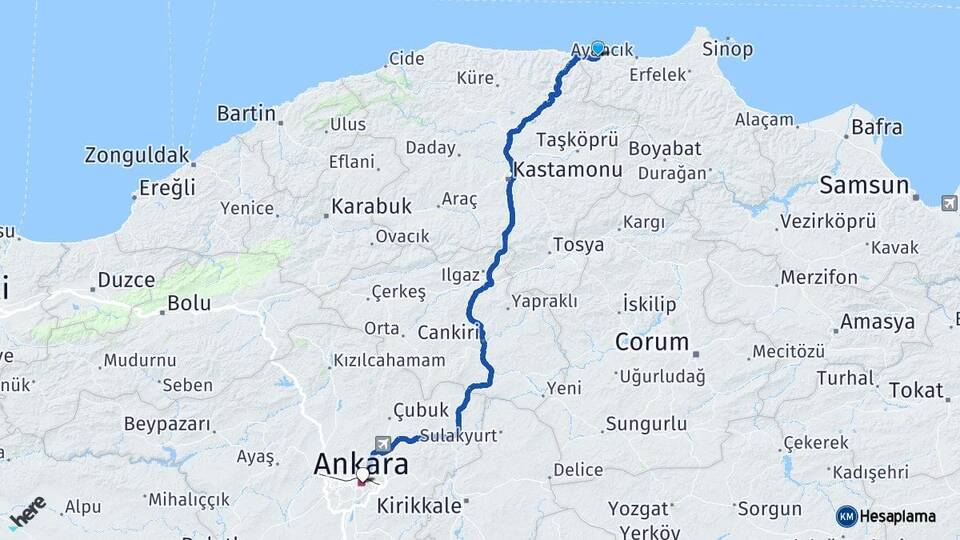 Sinop Türkeli Ankara Arası Kaç Km - Yol Haritası