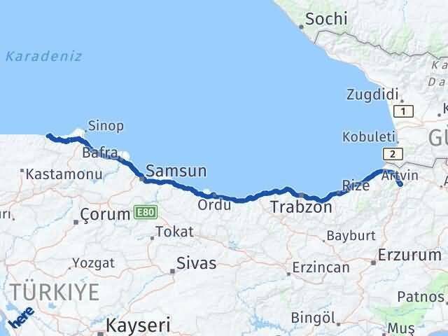Sinop Türkeli Artvin Arası Kaç Km - Yol Haritası