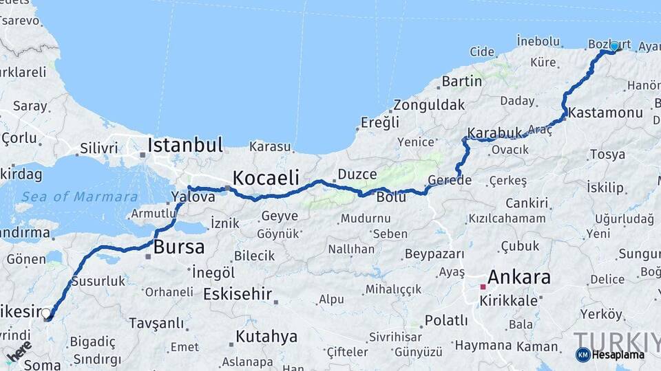 Sinop Türkeli Balıkesir Arası Kaç Km - Yol Haritası