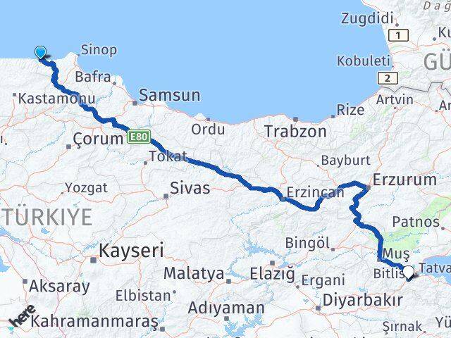 Sinop Türkeli Bitlis Arası Kaç Km - Yol Haritası