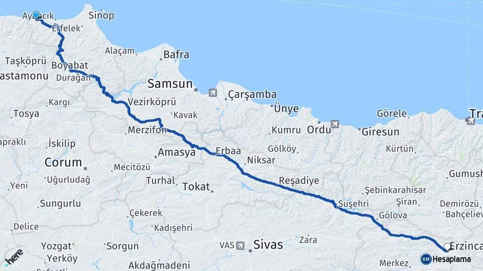 Sinop Türkeli Erzincan Arası Kaç Km - Yol Haritası