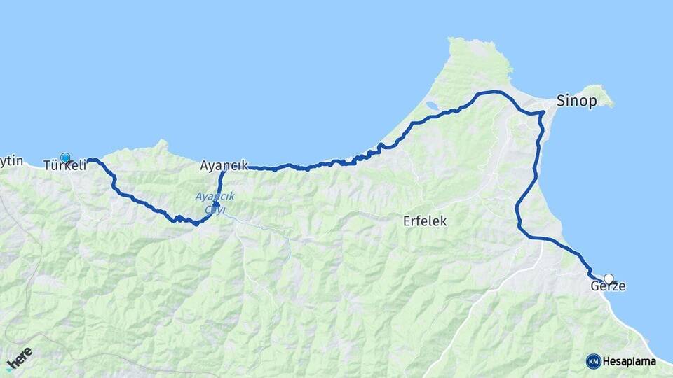 Sinop Türkeli Gerze Arası Kaç Km - Yol Haritası