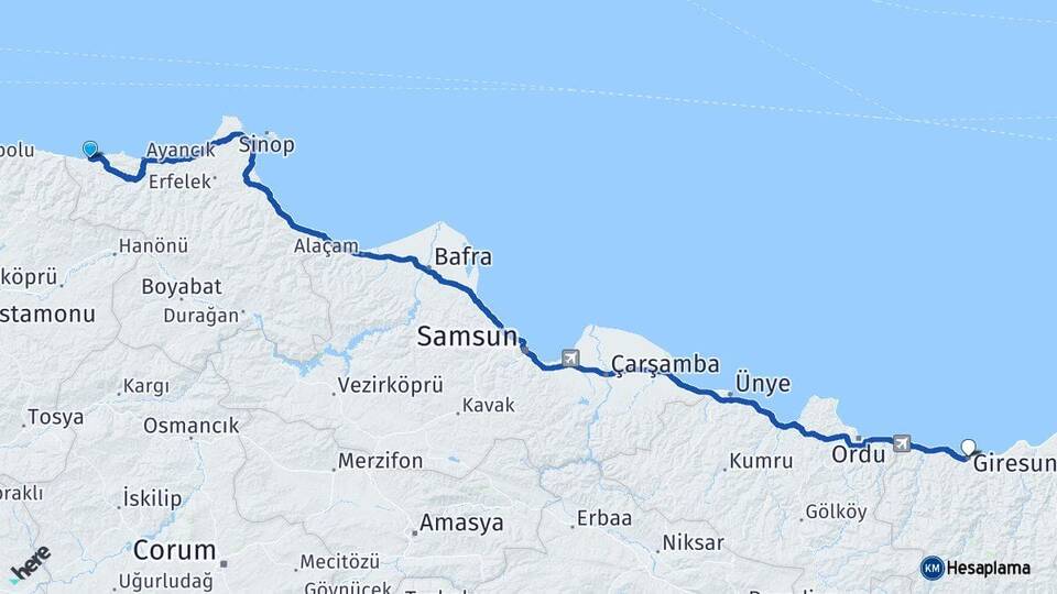 Sinop Türkeli Giresun Arası Kaç Km - Yol Haritası