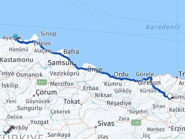 Sinop Türkeli Gümüşhane Arası Kaç Km - Yol Haritası