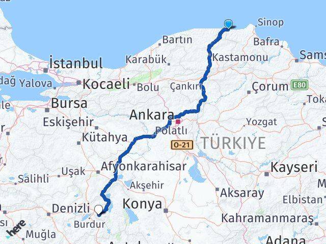 Sinop Türkeli Isparta Arası Kaç Km - Yol Haritası