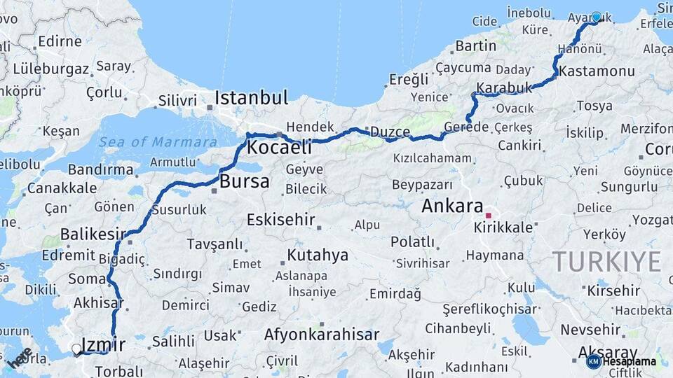 Sinop Türkeli İzmir Arası Kaç Km - Yol Haritası