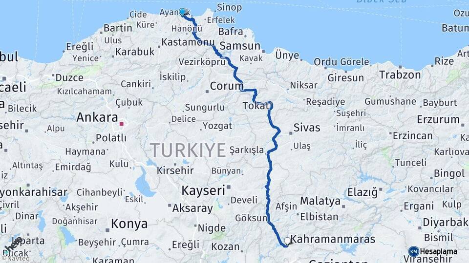 Sinop Türkeli Kahramanmaraş Arası Kaç Km - Yol Haritası