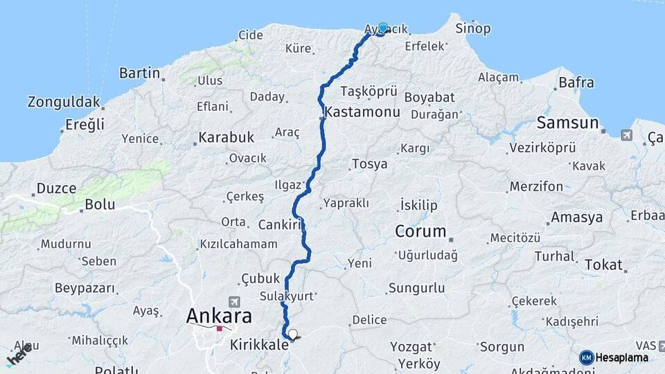 Sinop Türkeli Kırıkkale Arası Kaç Km - Yol Haritası