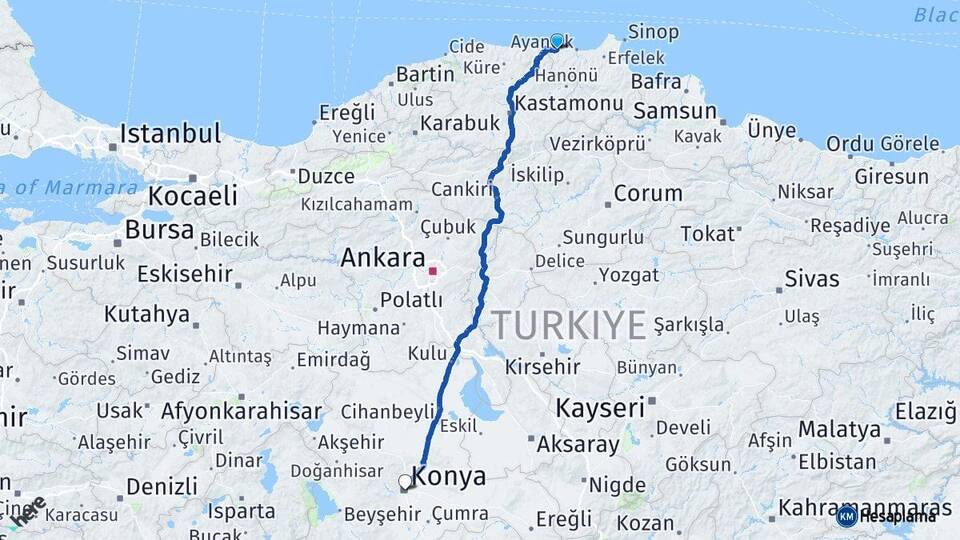 Sinop Türkeli Konya Arası Kaç Km - Yol Haritası