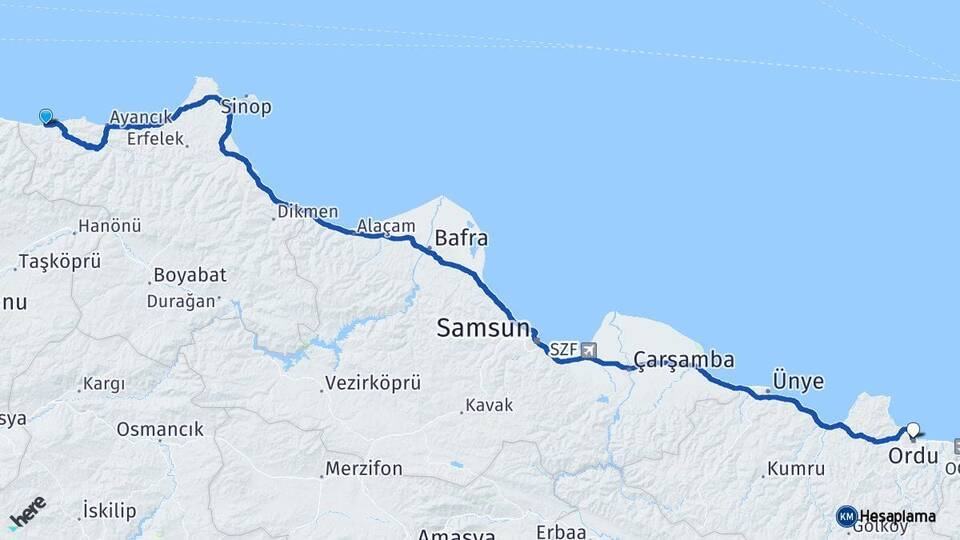 Sinop Türkeli Ordu Arası Kaç Km - Yol Haritası