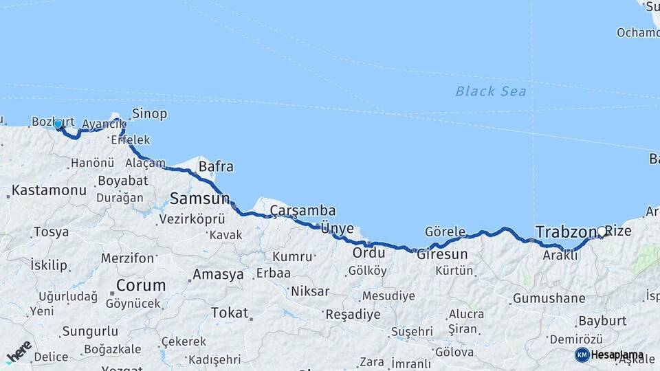Sinop Türkeli Rize Arası Kaç Km - Yol Haritası