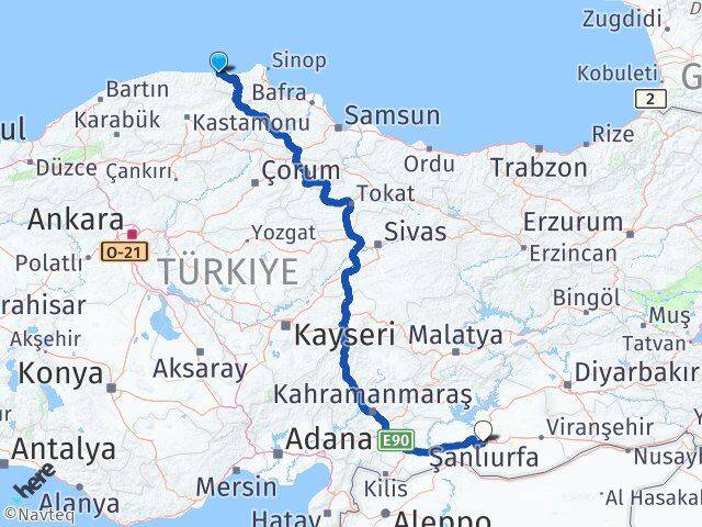 Sinop Türkeli Şanlıurfa Arası Kaç Km - Yol Haritası