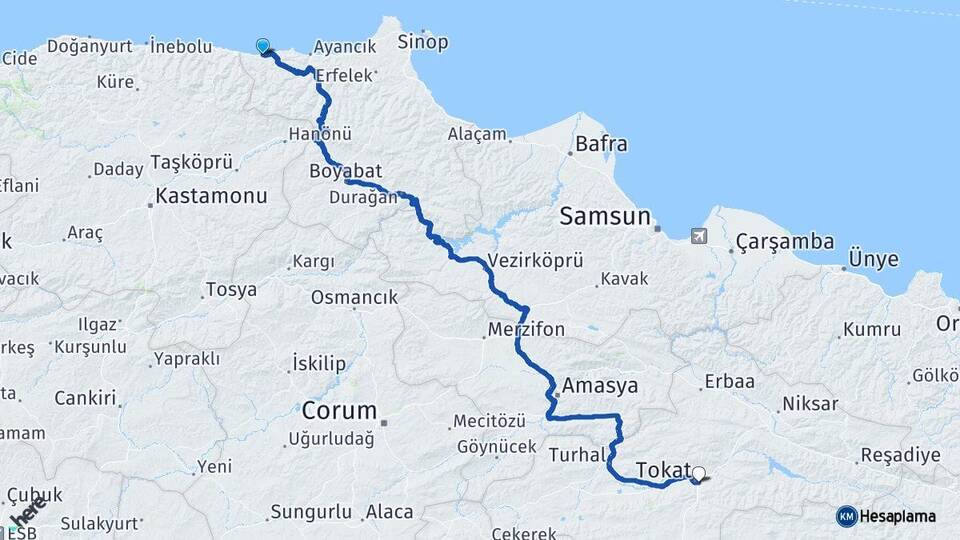 Sinop Türkeli Tokat Arası Kaç Km - Yol Haritası