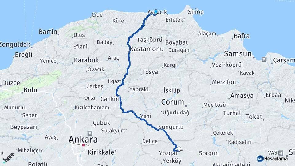 Sinop Türkeli Yozgat Arası Kaç Km - Yol Haritası