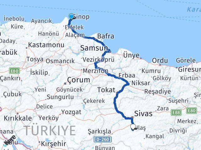 Sinop Ulaş Sivas Arası Kaç Km - Yol Haritası
