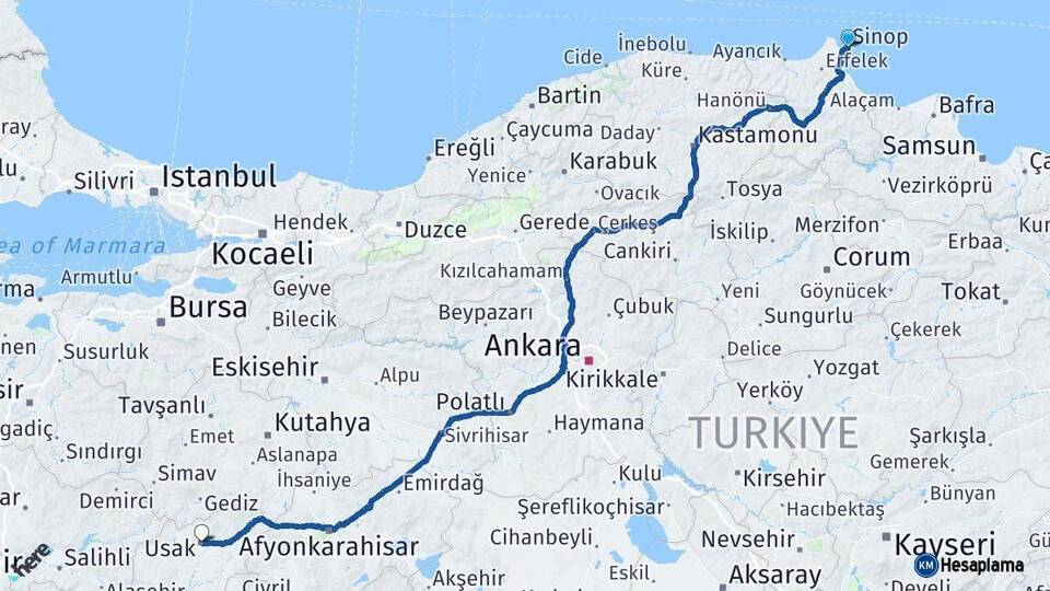 Sinop Uşak Arası Kaç Km - Yol Haritası