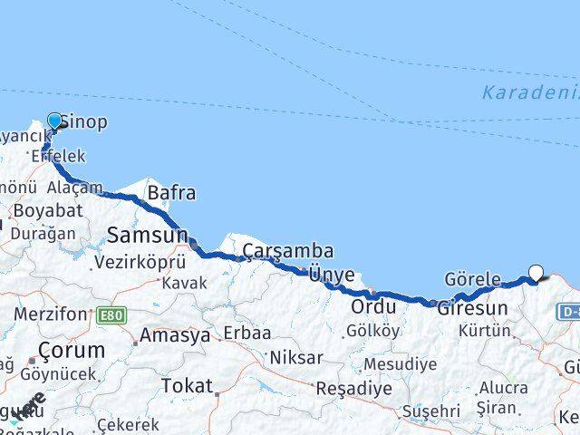 Sinop Vakfıkebir Trabzon Arası Kaç Km - Yol Haritası