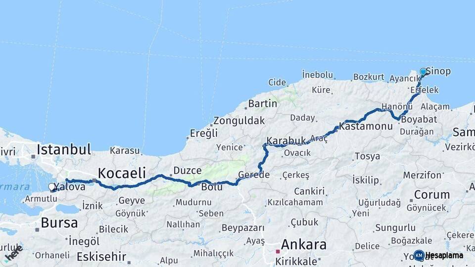 Sinop Yalova Arası Kaç Km - Yol Haritası