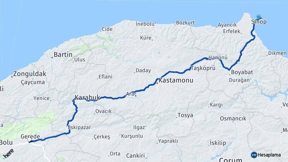 Sinop Yeniçağa Bolu Arası Kaç Km - Yol Haritası