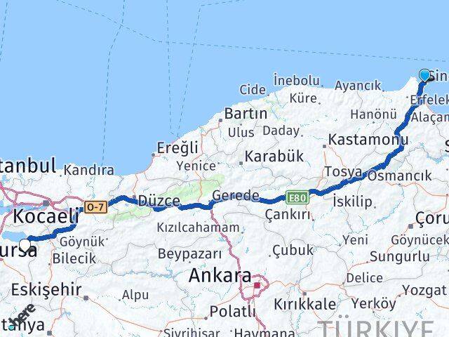 Sinop Yenişehir Bursa Arası Kaç Km - Yol Haritası