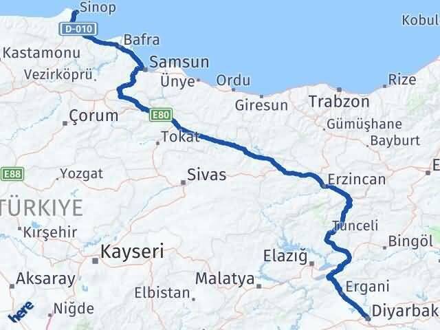 Sinop Yenişehir Diyarbakır Arası Kaç Km - Yol Haritası