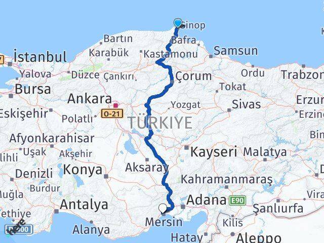 Sinop Yenişehir Mersin Arası Kaç Km - Yol Haritası