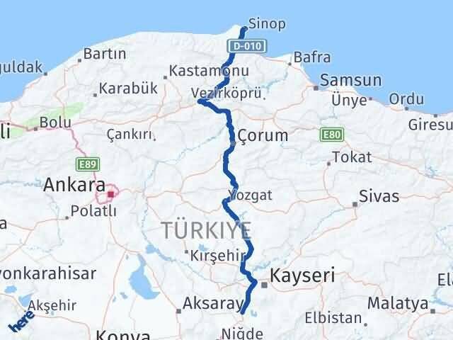 Sinop Yeşilhisar Kayseri Arası Kaç Km - Yol Haritası