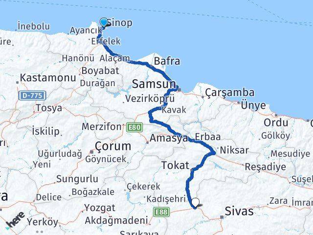 Sinop Yıldızeli Sivas Arası Kaç Km - Yol Haritası