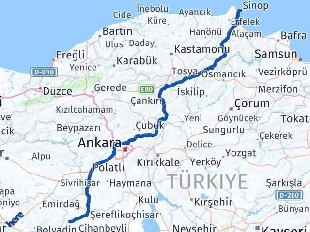 Sinop Yunak Konya Arası Kaç Km - Yol Haritası