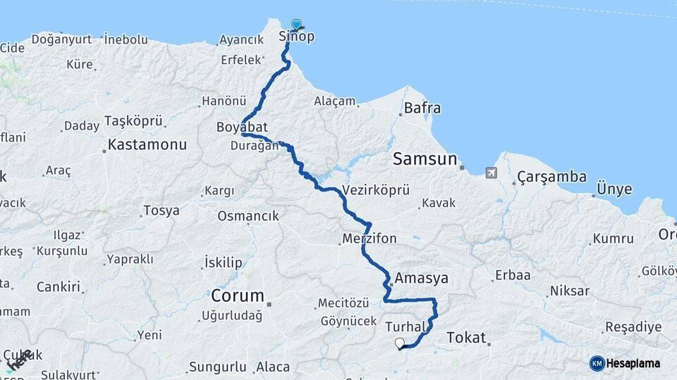 Sinop Zile Tokat Arası Kaç Km - Yol Haritası