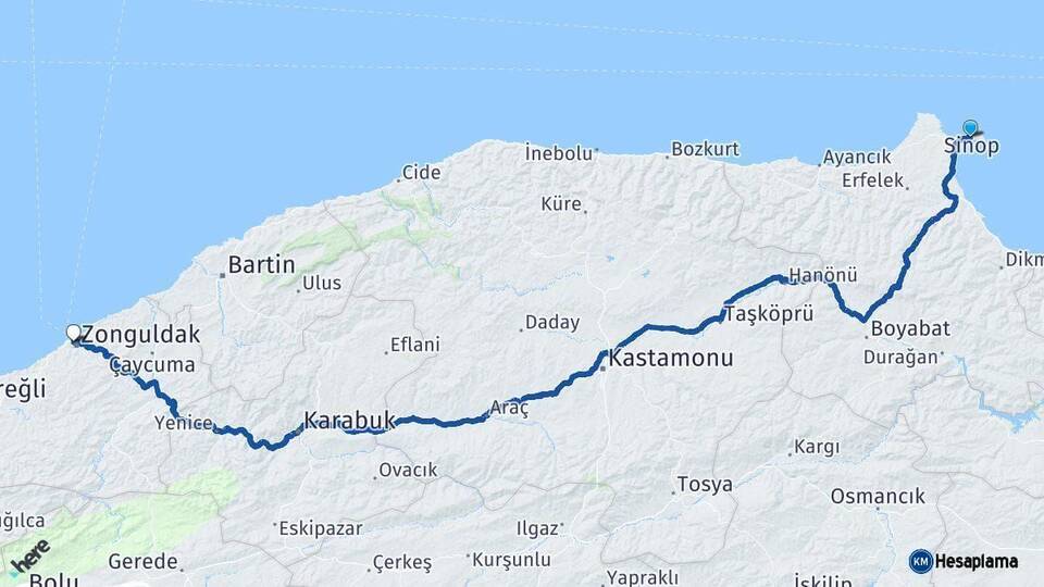 Sinop Zonguldak Arası Kaç Km - Yol Haritası