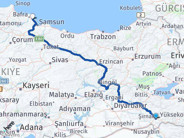 Şırnak 19 Mayıs Samsun Arası Kaç Km - Yol Haritası