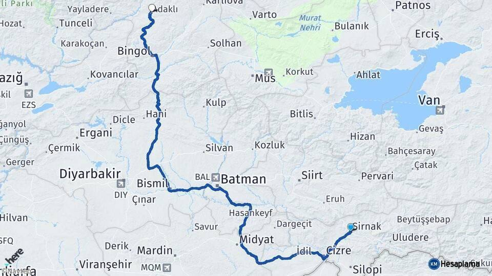 Şırnak Adaklı Bingöl Arası Kaç Km - Yol Haritası